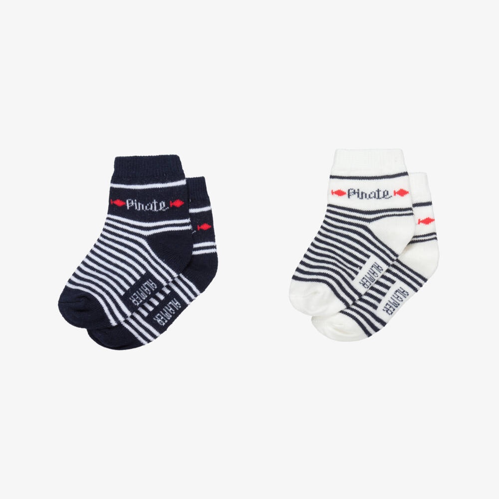 Week-end à la mer-Baby Boys Blue & Ivory Striped Cotton Socks (2 Pack) | Childrensalon