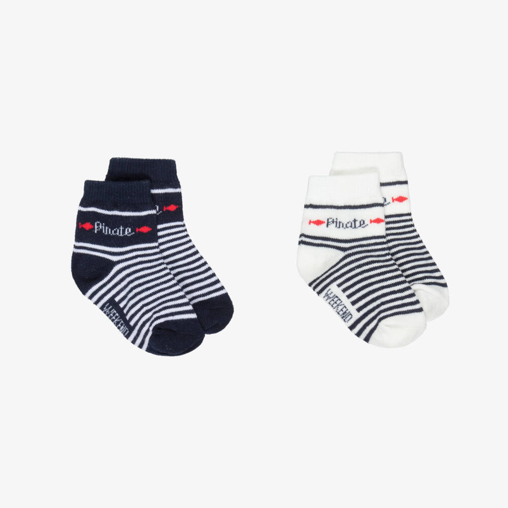 Week-end à la mer-Baby Boys Blue & Ivory Striped Cotton Socks (2 Pack) | Childrensalon