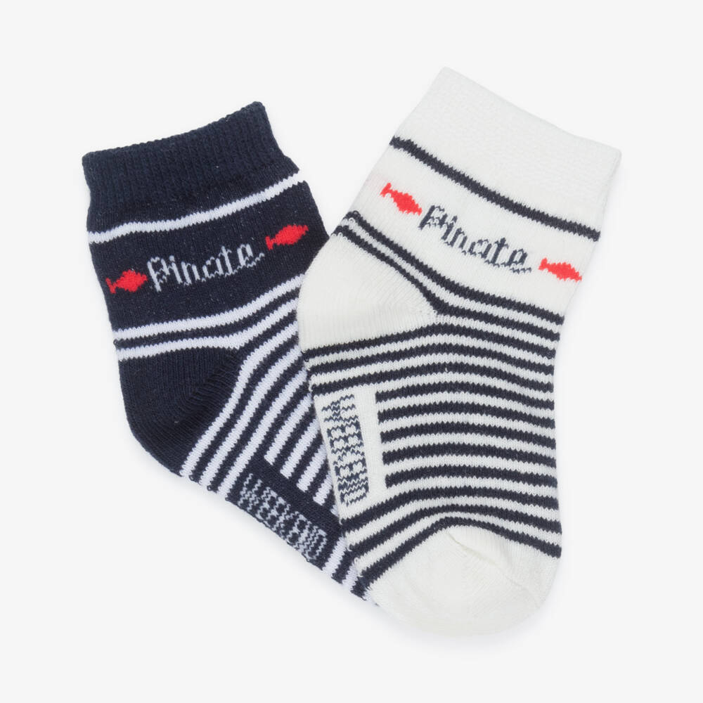 Week-end à la mer-Baby Boys Blue & Ivory Striped Cotton Socks (2 Pack) | Childrensalon