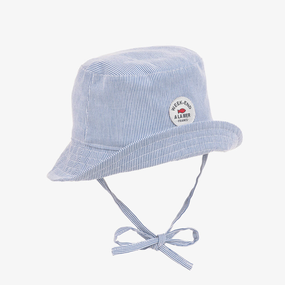 Week-end à la mer-Baby Boys Blue Striped Cotton Sun Hat | Childrensalon