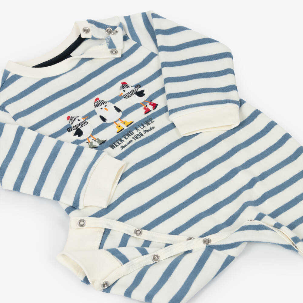 Week-end à la mer-Baby Boys Ivory & Blue Breton Stripe Romper with Seagulls | Childrensalon