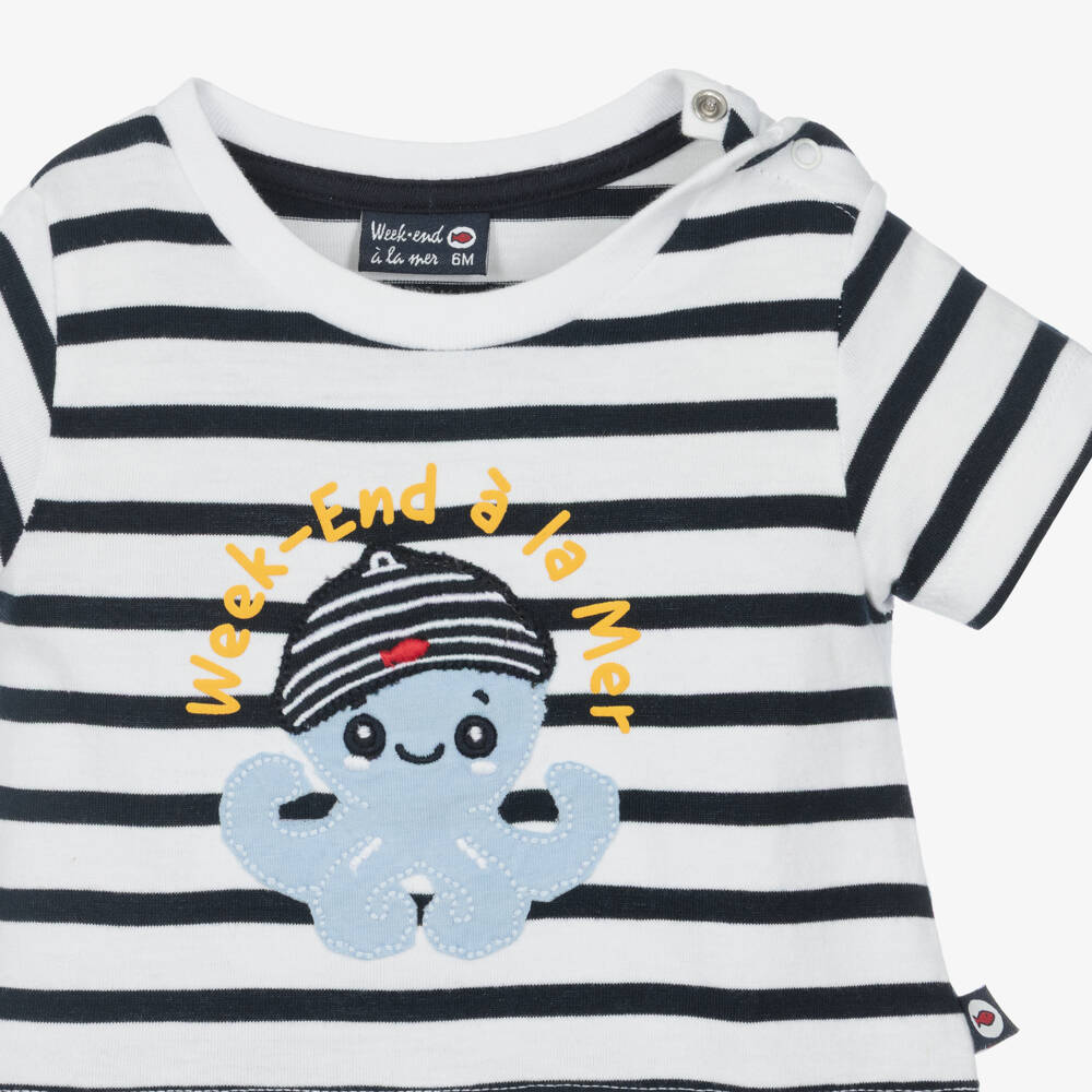 Week-end à la mer-Baby Boys Navy Blue Breton Stripe Shortie Set with Octopus | Childrensalon