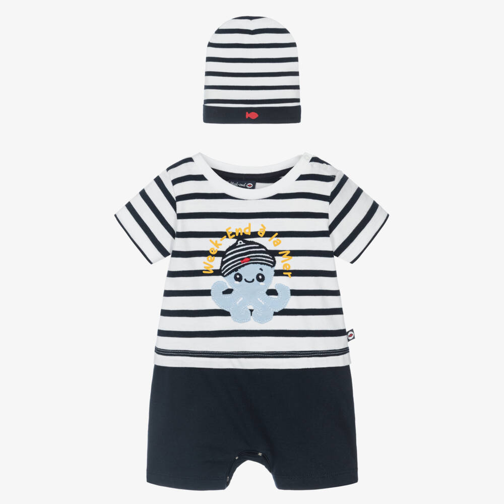 Week-end à la mer-Baby Boys Navy Blue Breton Stripe Shortie Set with Octopus | Childrensalon