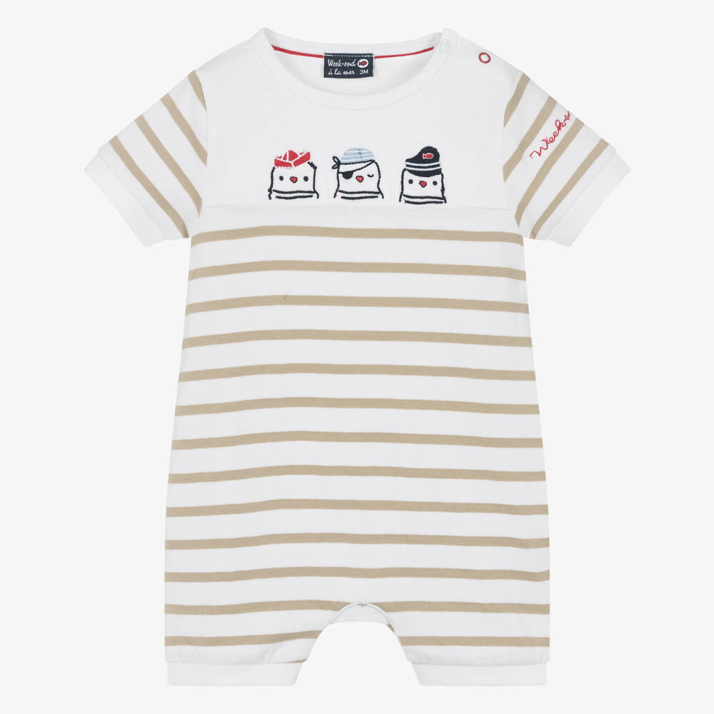 Week-end à la mer-Baby Boys White & Beige Breton Stripe Shortie | Childrensalon