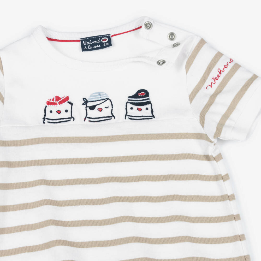 Week-end à la mer-Baby Boys White & Beige Breton Stripe Shortie | Childrensalon