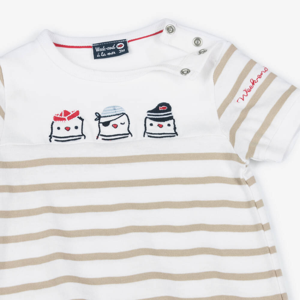 Week-end à la mer-Baby Boys White & Beige Breton Stripe Shortie | Childrensalon