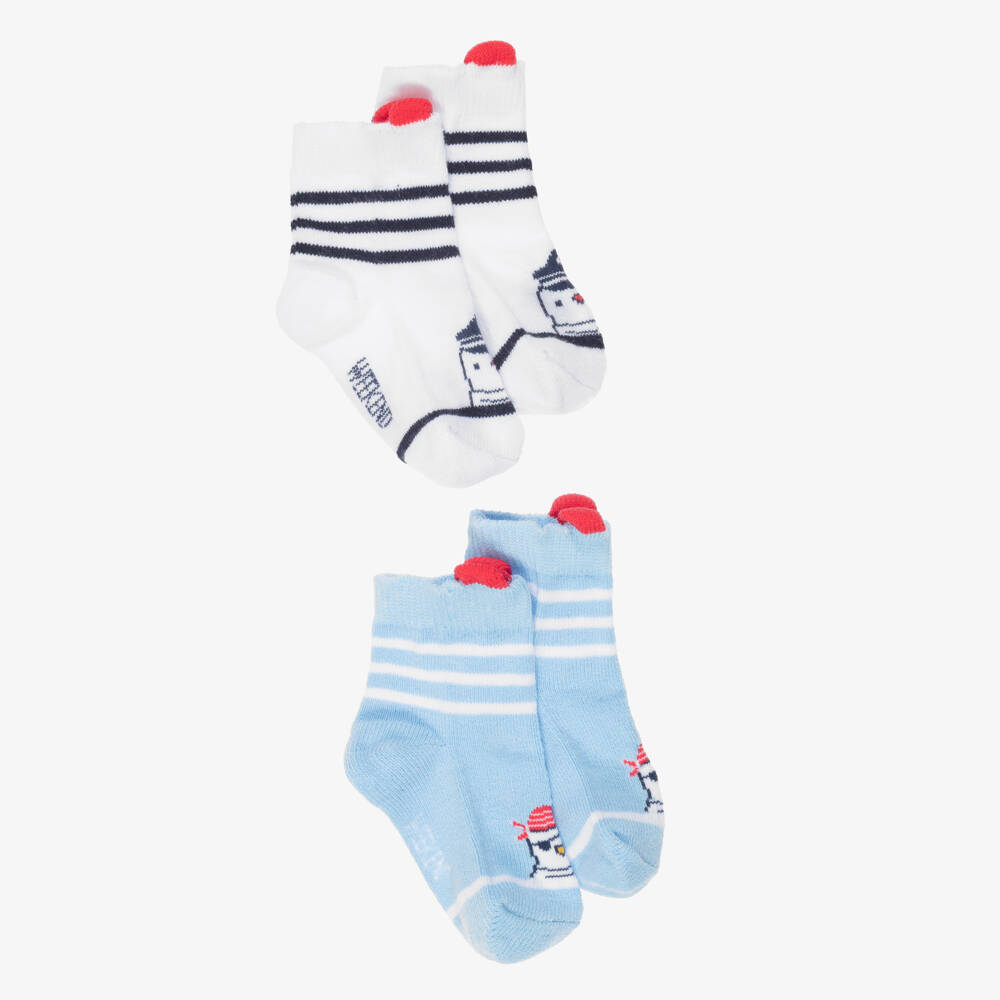 Week-end à la mer-Baby Boys White & Blue Socks (2 Pack) | Childrensalon