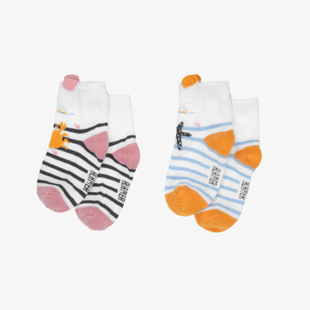 Week-end à la mer-Baby Girls White & Blue Striped Sea Life Socks (2 Pack) | Childrensalon
