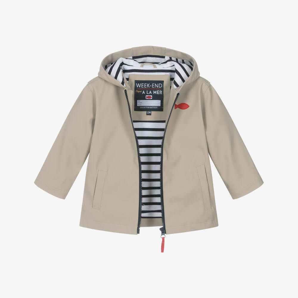Week-end à la mer-Beige Raincoat with Breton Stripe Lining | Childrensalon