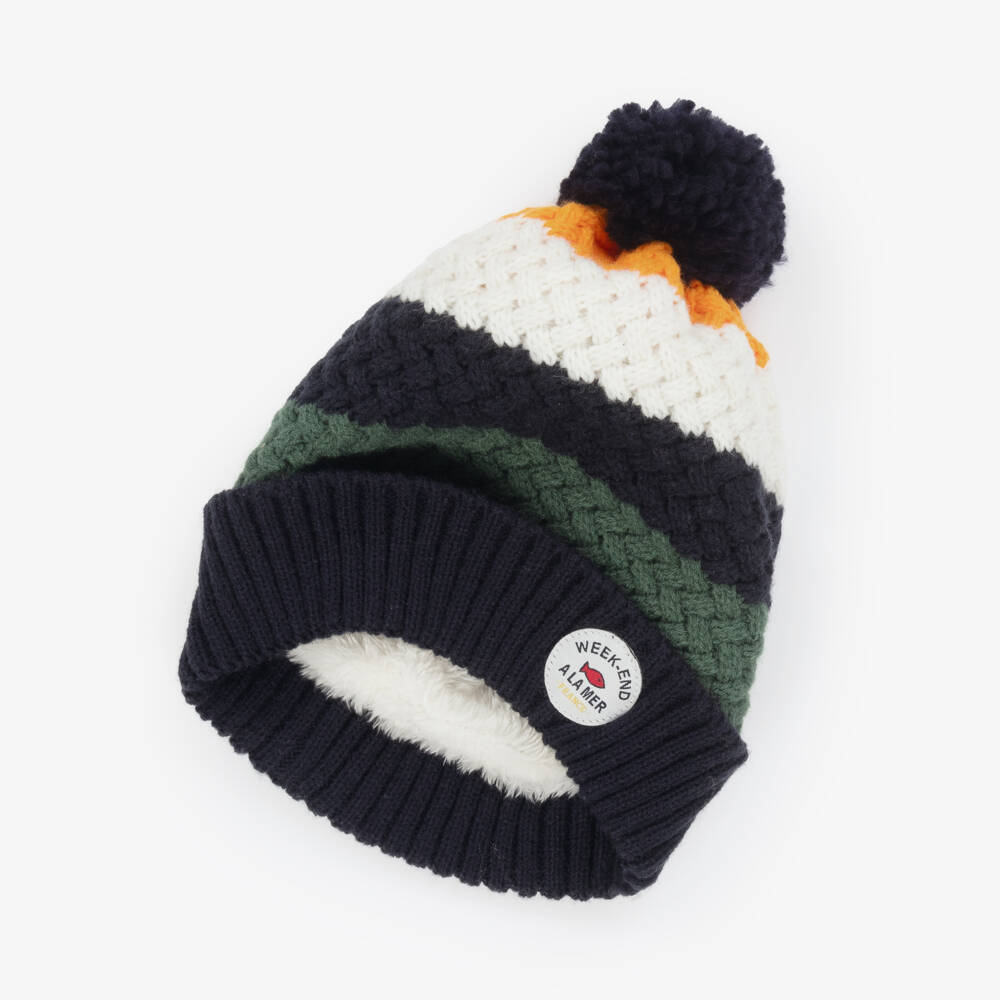 Week-end à la mer-Boys Blue Stripe Knitted Pom-Pom Hat | Childrensalon