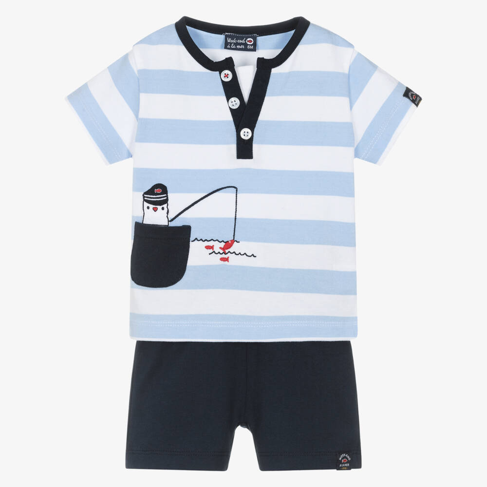 Week-end à la mer-Boys Blue Striped Cotton Top & Shorts Set | Childrensalon