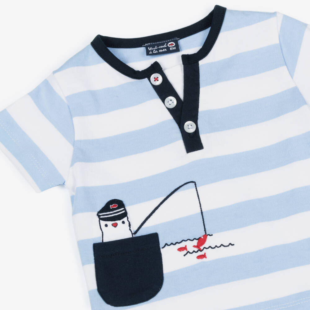 Week-end à la mer-Boys Blue Striped Cotton Top & Shorts Set | Childrensalon