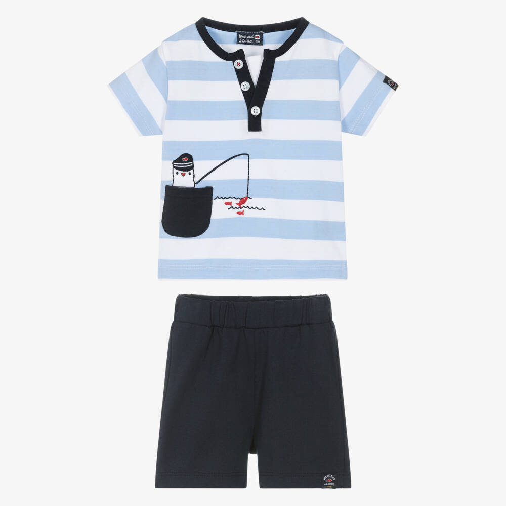 Week-end à la mer-Boys Blue Striped Cotton Top & Shorts Set | Childrensalon