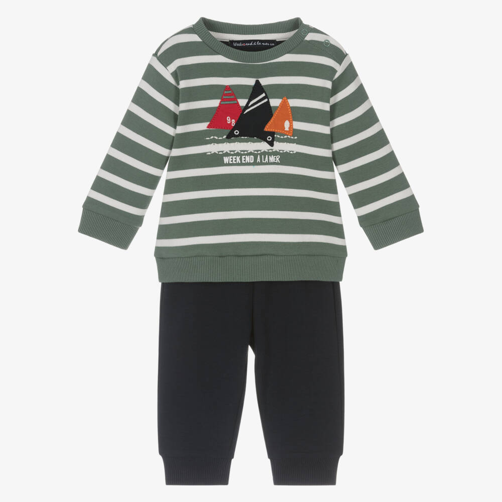 Week-end à la mer-Boys Green & Blue Cotton Jersey Trouser Set | Childrensalon
