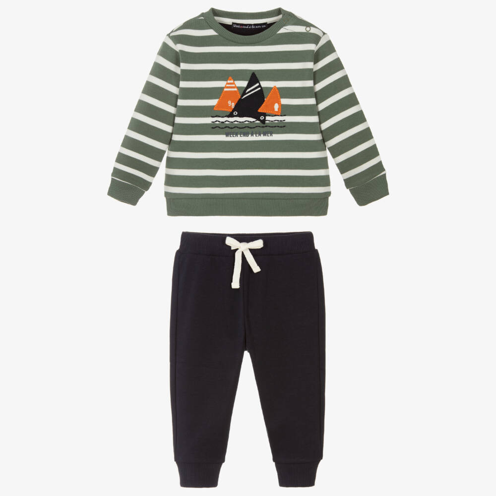 Week-end à la mer-Boys Green & Blue Cotton Jersey Trouser Set | Childrensalon