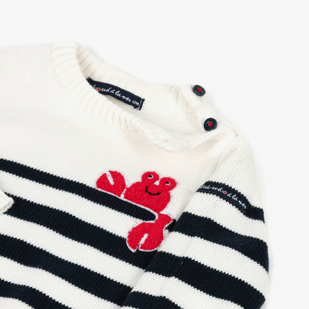 Week-end à la mer-Boys Ivory & Navy Blue Breton Stripe Sweater with Lobster | Childrensalon