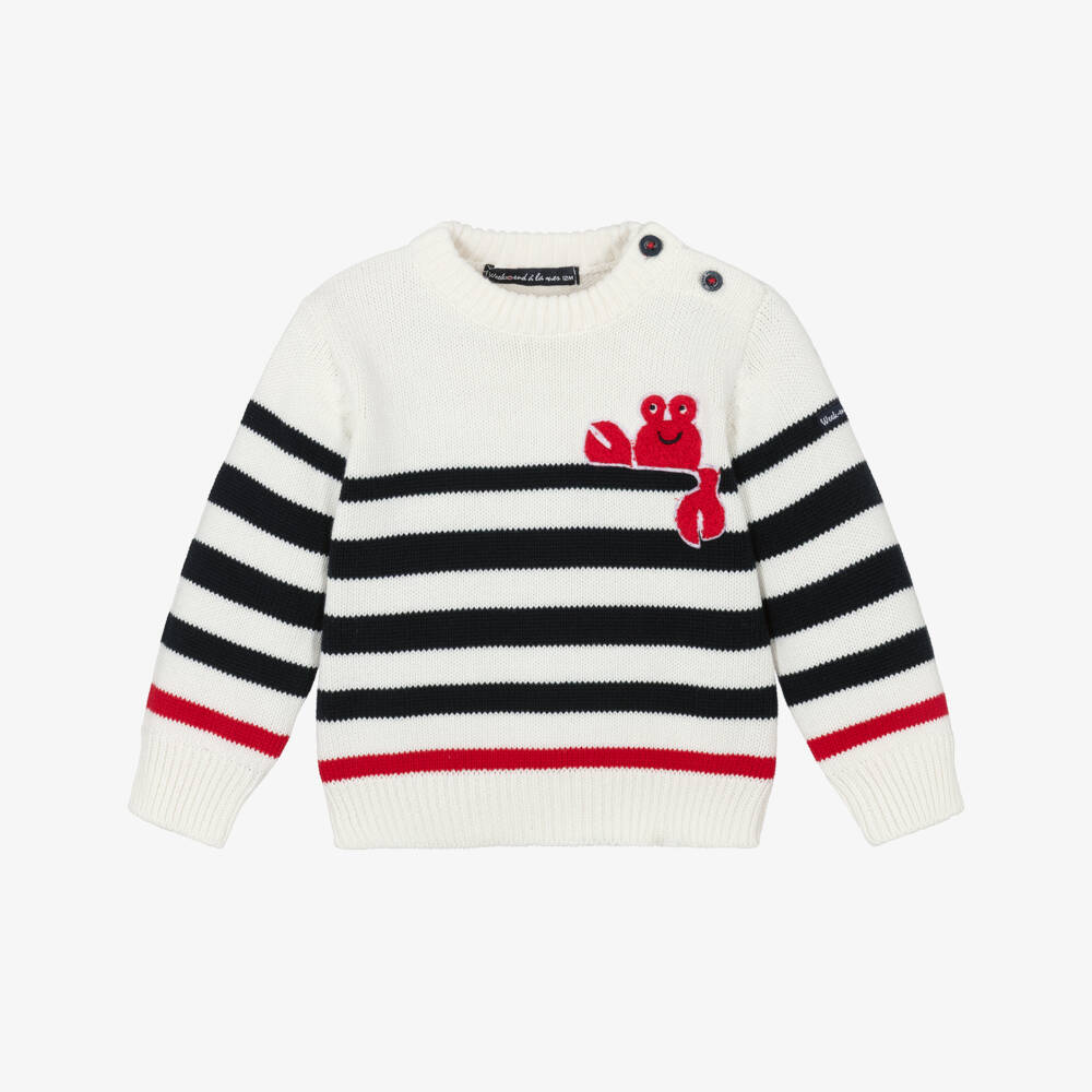 Week-end à la mer-Boys Ivory & Navy Blue Breton Stripe Sweater with Lobster | Childrensalon