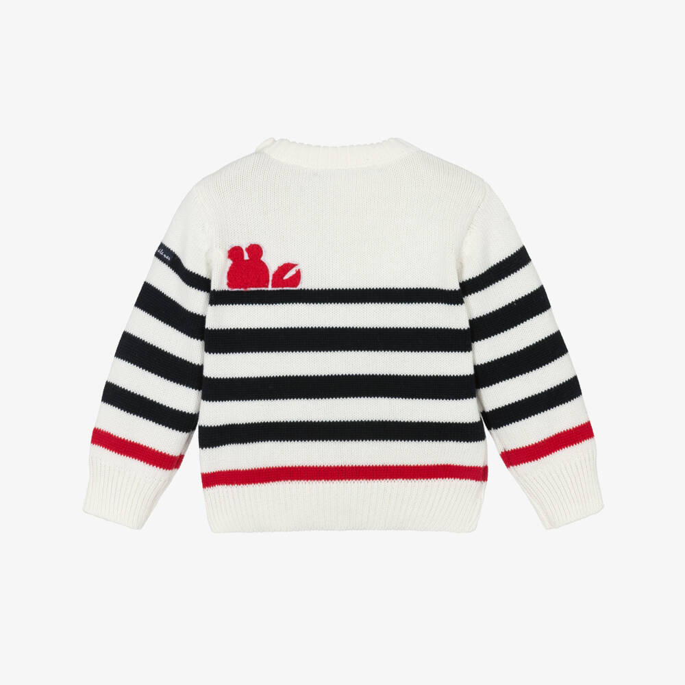 Week-end à la mer-Boys Ivory & Navy Blue Breton Stripe Sweater with Lobster | Childrensalon