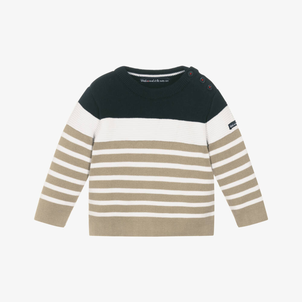 Week-end à la mer-Boys Navy Blue & Beige Striped Cotton Jumper | Childrensalon