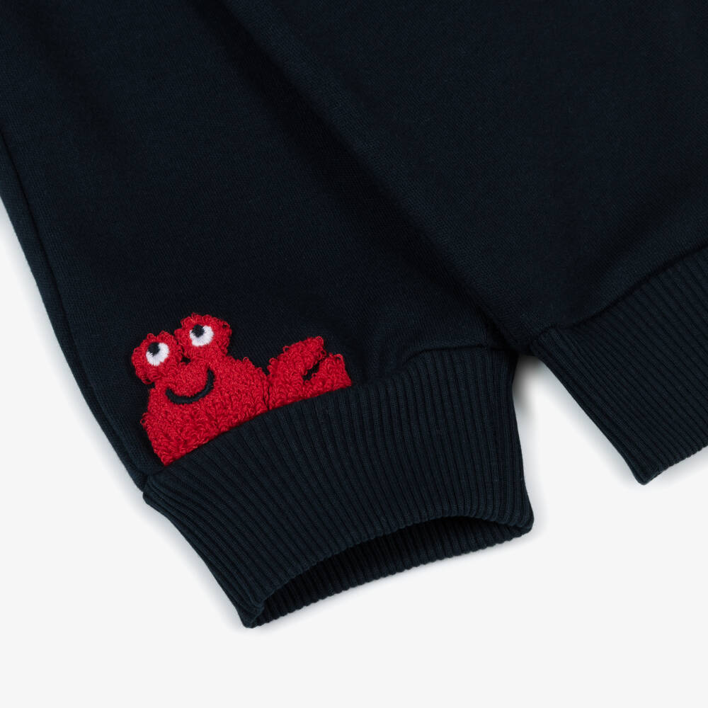 Week-end à la mer-Boys Navy Blue Cotton Joggers with Embroidered Crab | Childrensalon