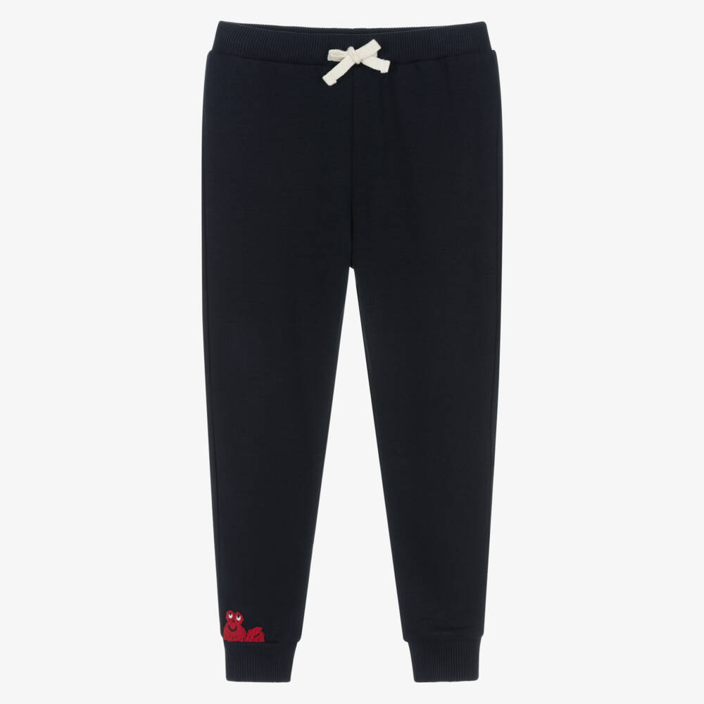 Week-end à la mer-Boys Navy Blue Cotton Joggers with Embroidered Crab | Childrensalon
