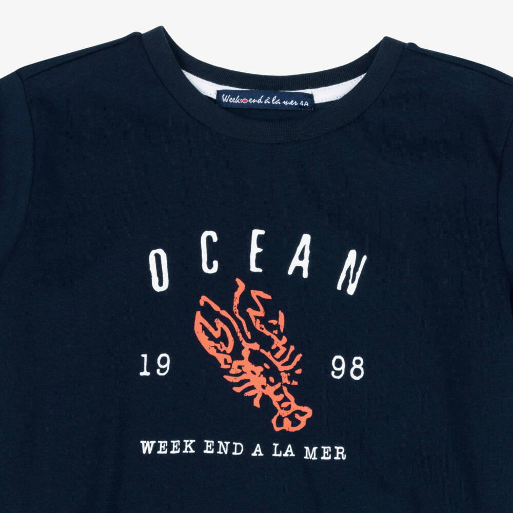 Week-end à la mer-Boys Navy Blue Cotton Lobster T-Shirt | Childrensalon