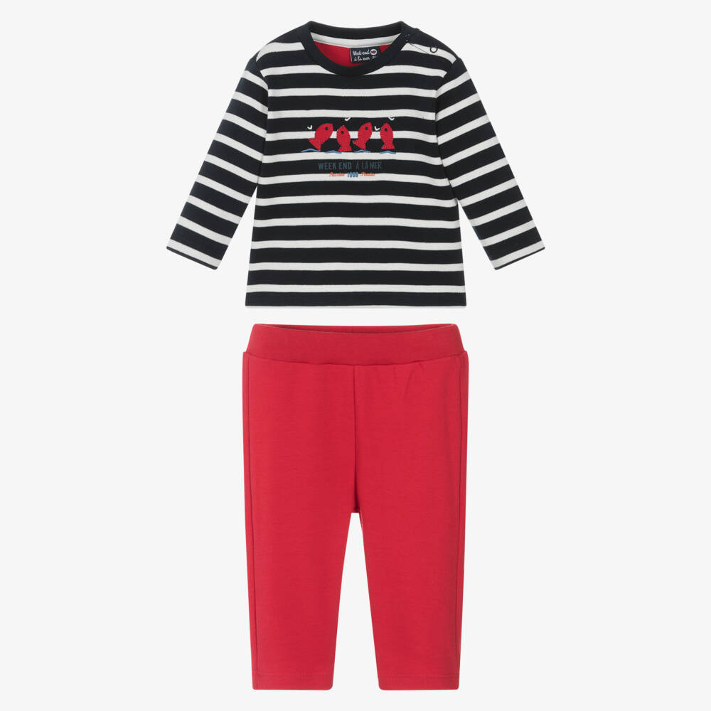 Week-end à la mer-Boys Navy Blue & Red Cotton Jersey Trouser Set | Childrensalon