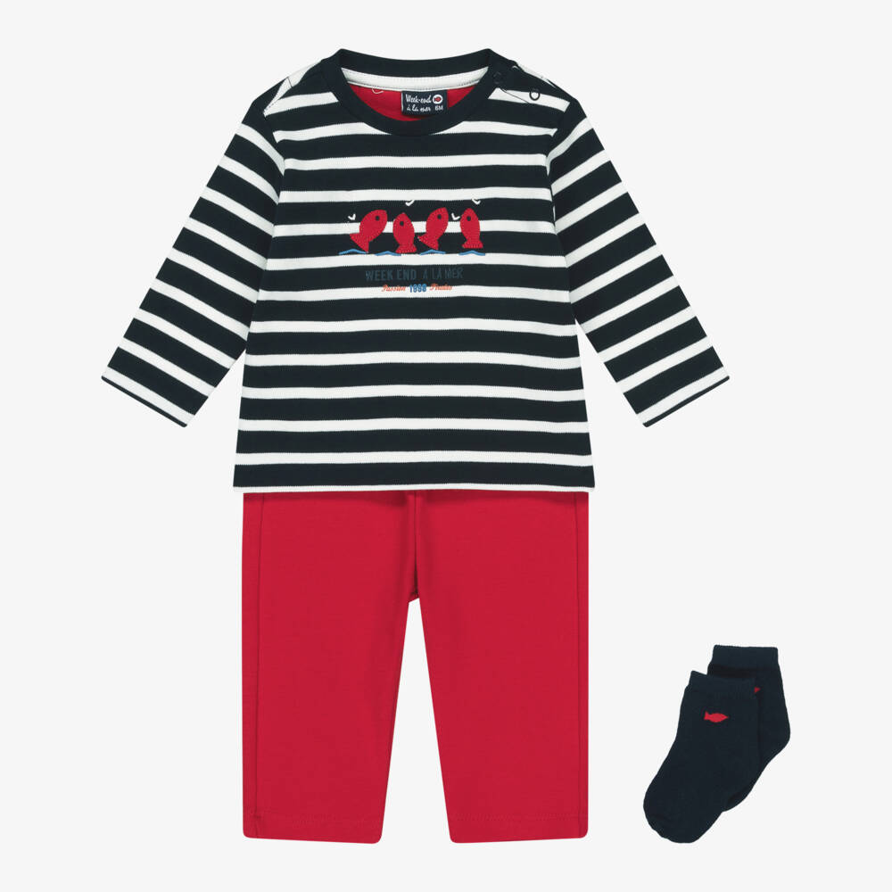 Week-end à la mer-Boys Navy Blue & Red Cotton Jersey Trouser Set | Childrensalon