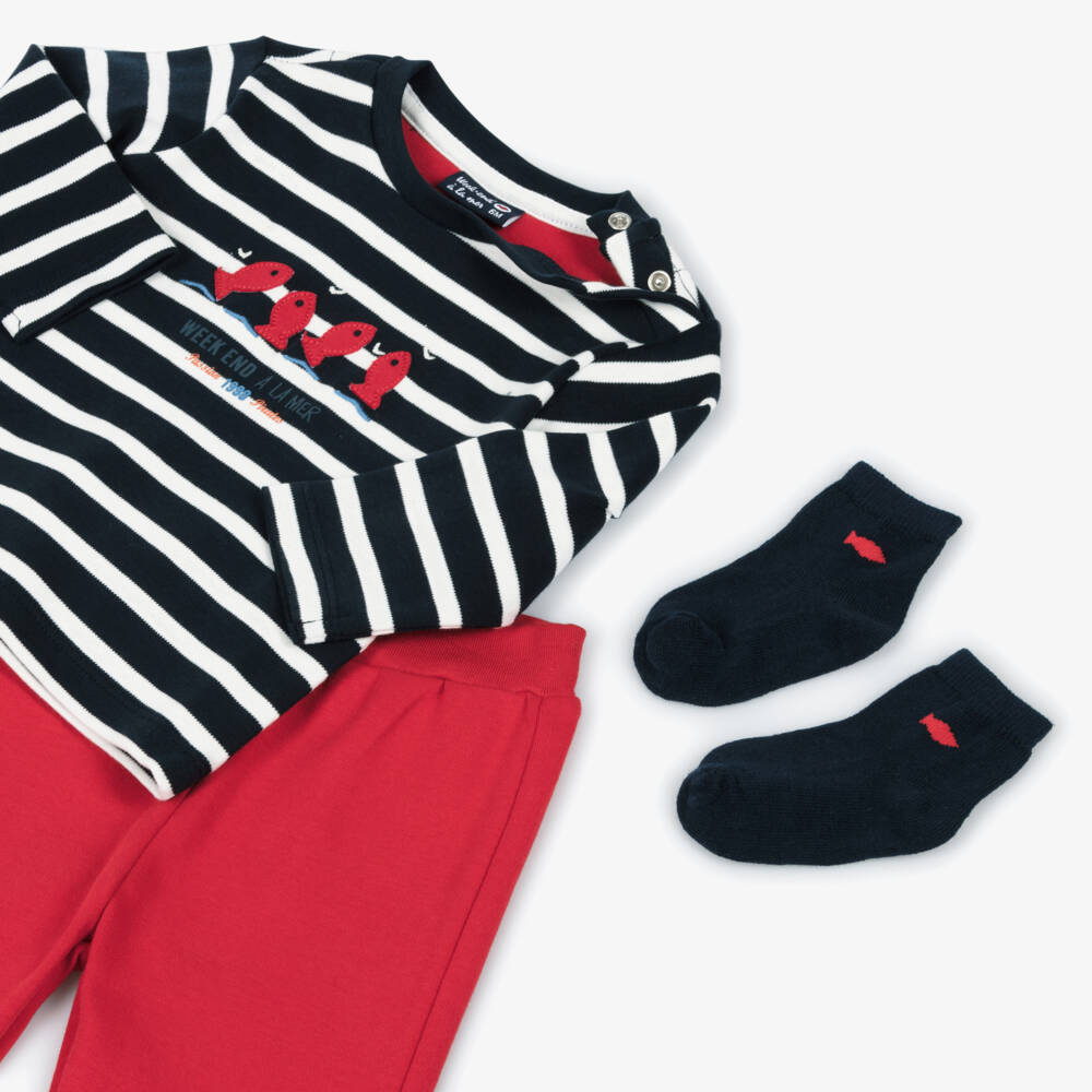 Week-end à la mer-Boys Navy Blue & Red Cotton Jersey Trouser Set | Childrensalon