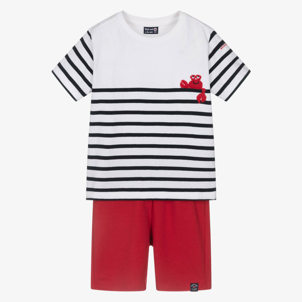 Week-end à la mer-Boys Red Cotton Shorts Set with Bouclé Lobster | Childrensalon