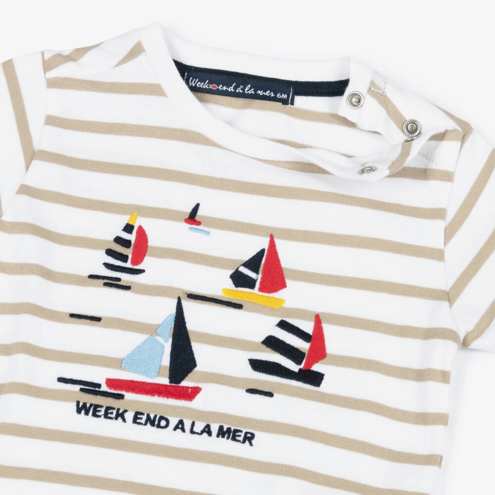 Week-end à la mer-Boys White & Beige Stripe Cotton T-Shirt with Embroidered Boats | Childrensalon