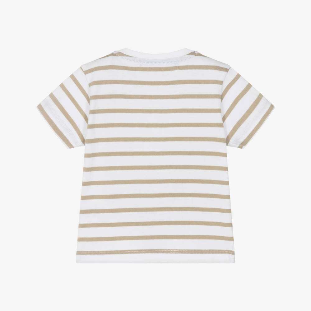 Week-end à la mer-Boys White & Beige Stripe Cotton T-Shirt with Embroidered Boats | Childrensalon