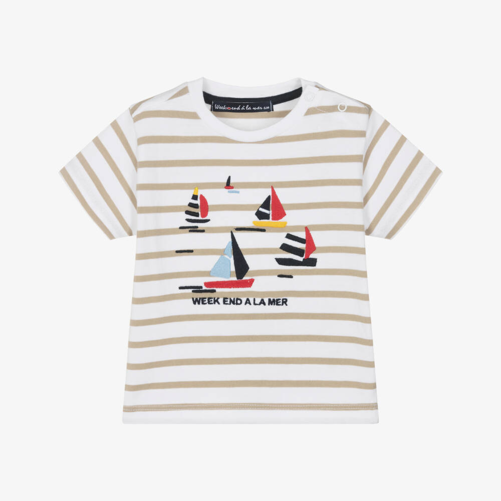 Week-end à la mer-Boys White & Beige Stripe Cotton T-Shirt with Embroidered Boats | Childrensalon