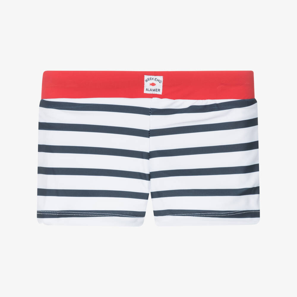 Week-end à la mer-Boys White & Blue Striped Swim Shorts (UPF50) | Childrensalon