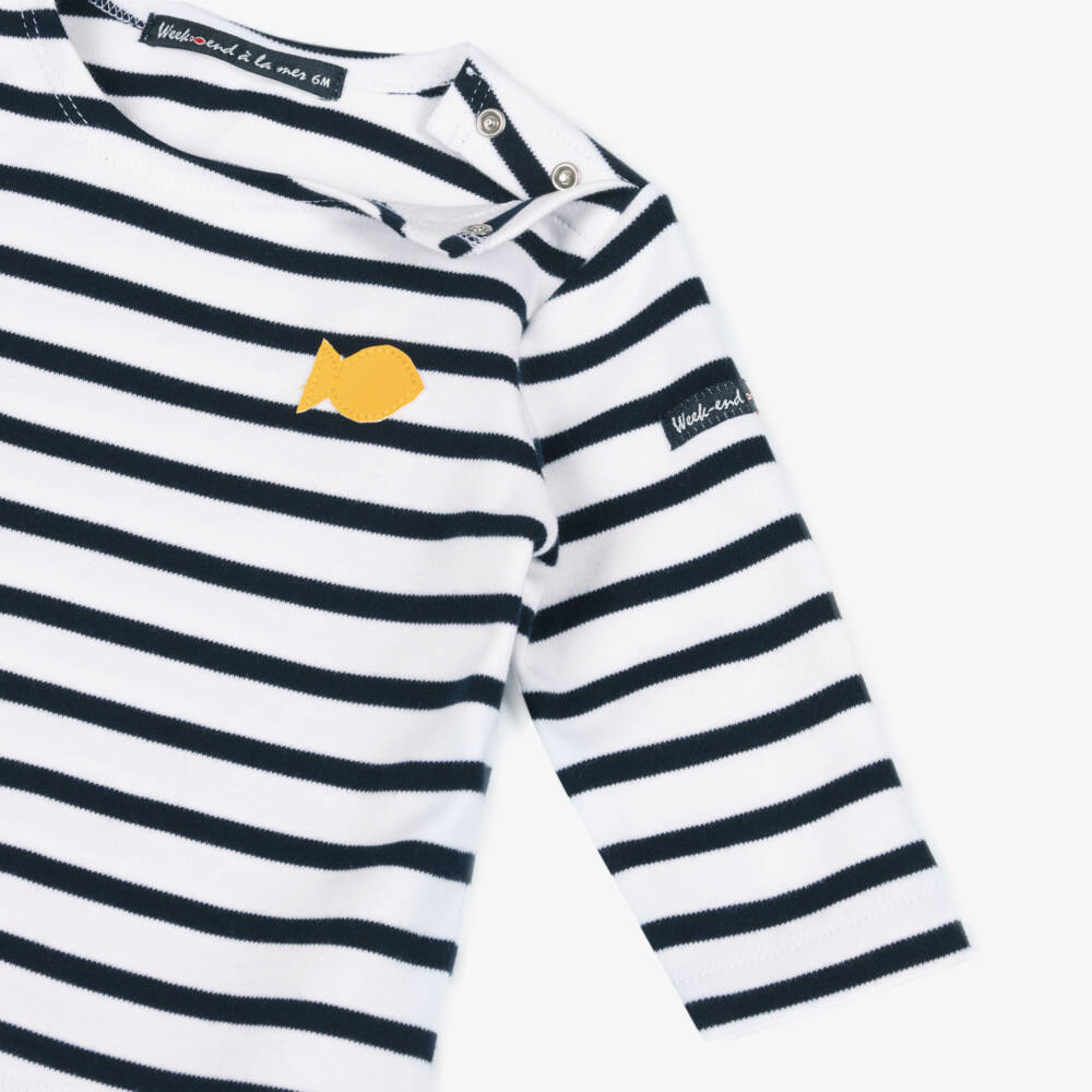 Week-end à la mer-Boys White & Navy Blue Breton Stripe Cotton Top | Childrensalon