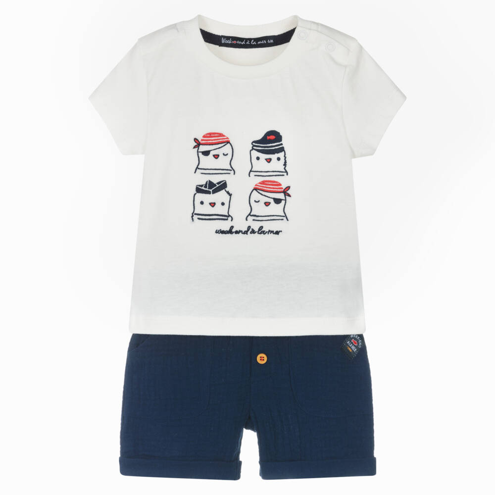 Week-end à la mer-Boys White & Navy Blue Sailor Seagull Shorts Set | Childrensalon