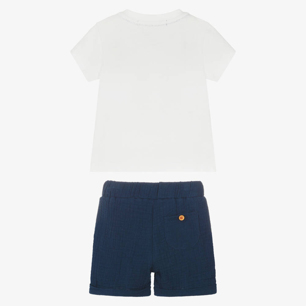 Week-end à la mer-Boys White & Navy Blue Sailor Seagull Shorts Set | Childrensalon