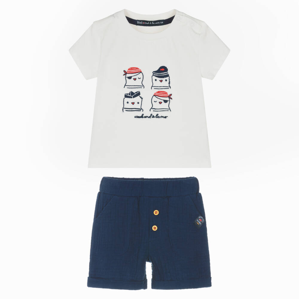 Week-end à la mer-Boys White & Navy Blue Sailor Seagull Shorts Set | Childrensalon