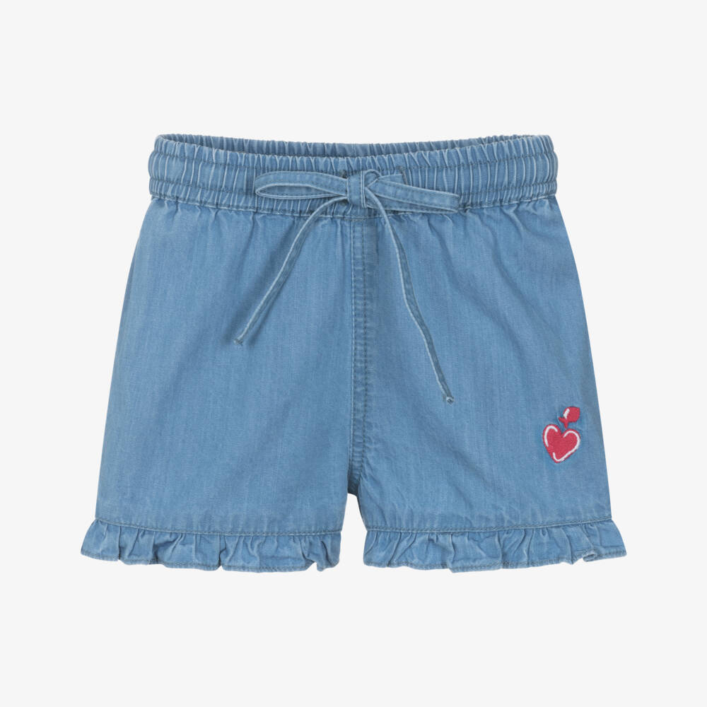 Week-end à la mer-Girls Blue Chambray Shorts with Frilled Hems | Childrensalon