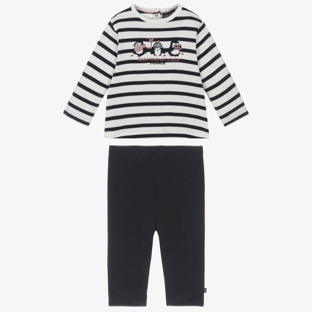 Week-end à la mer-Girls Blue Striped Cotton Jersey Leggings Set | Childrensalon