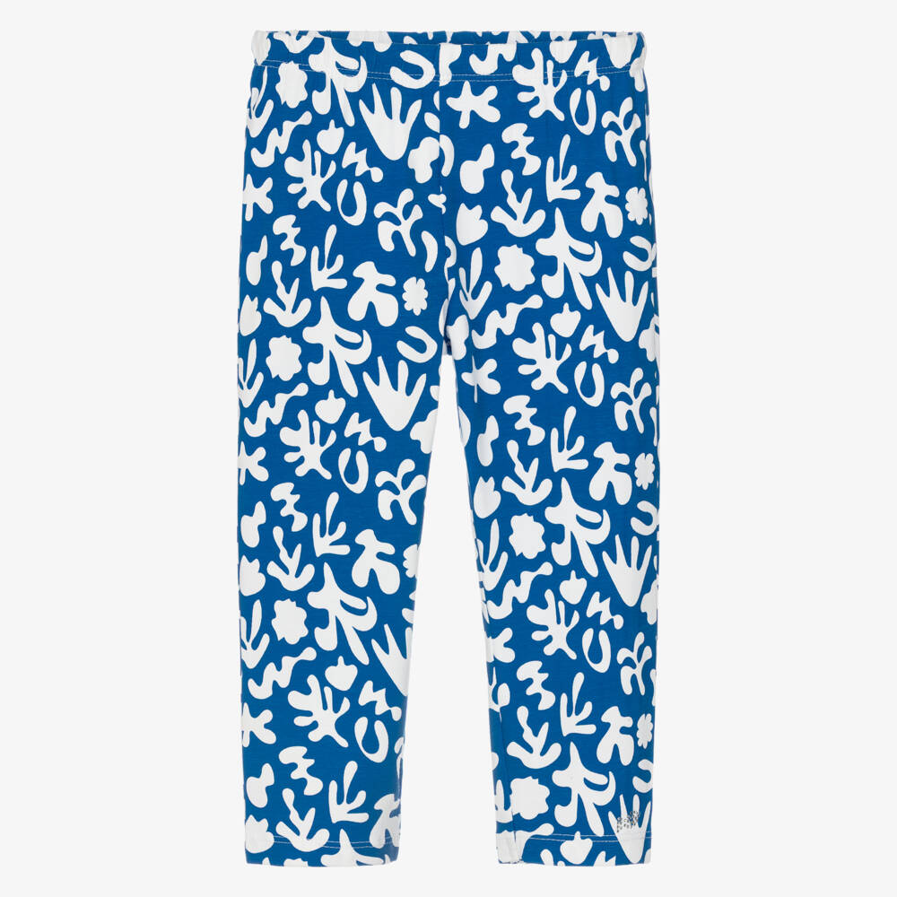 Week-end à la mer-Girls Blue & White Cotton Jersey Coral Print Leggings | Childrensalon