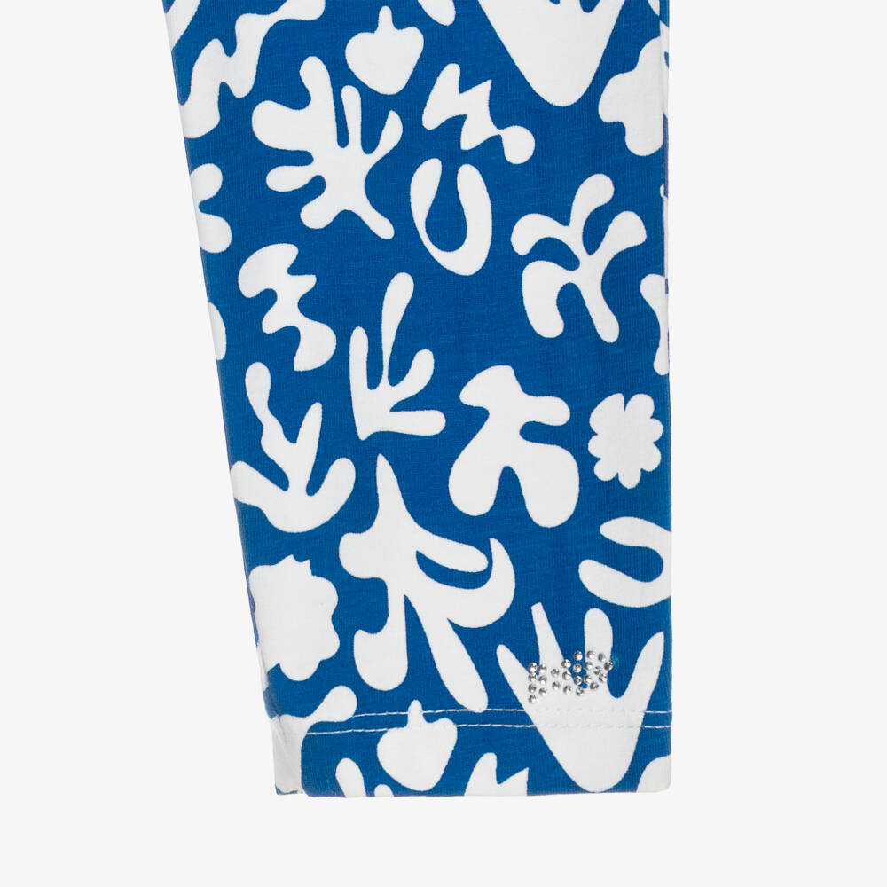 Week-end à la mer-Girls Blue & White Cotton Jersey Coral Print Leggings | Childrensalon