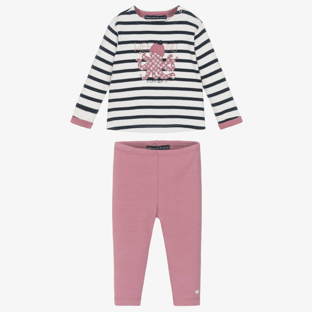 Week-end à la mer-Girls Breton Stripe Top & Pink Leggings Set | Childrensalon