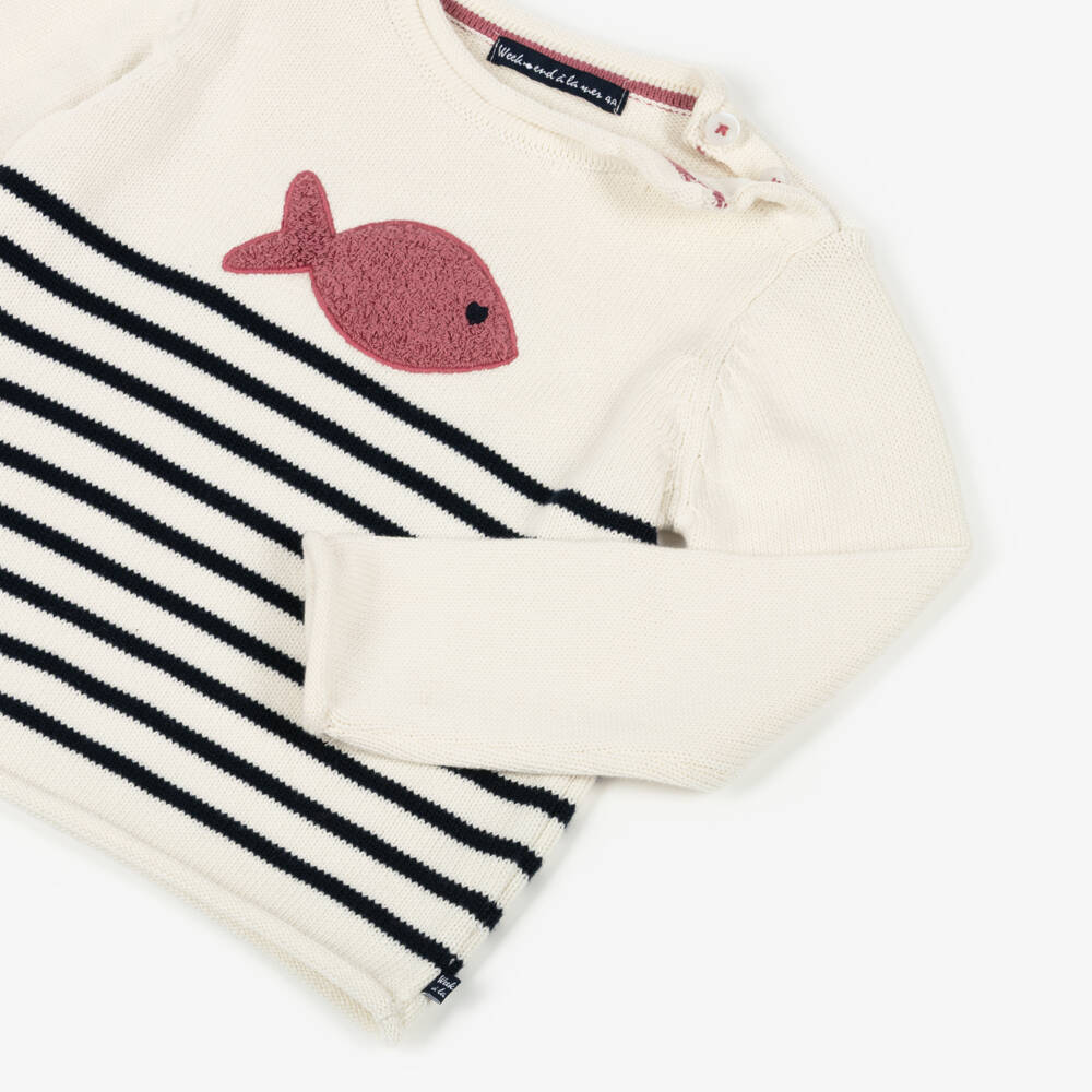 Week-end à la mer-Girls Ivory & Blue Breton Stripe Cotton Jumper | Childrensalon
