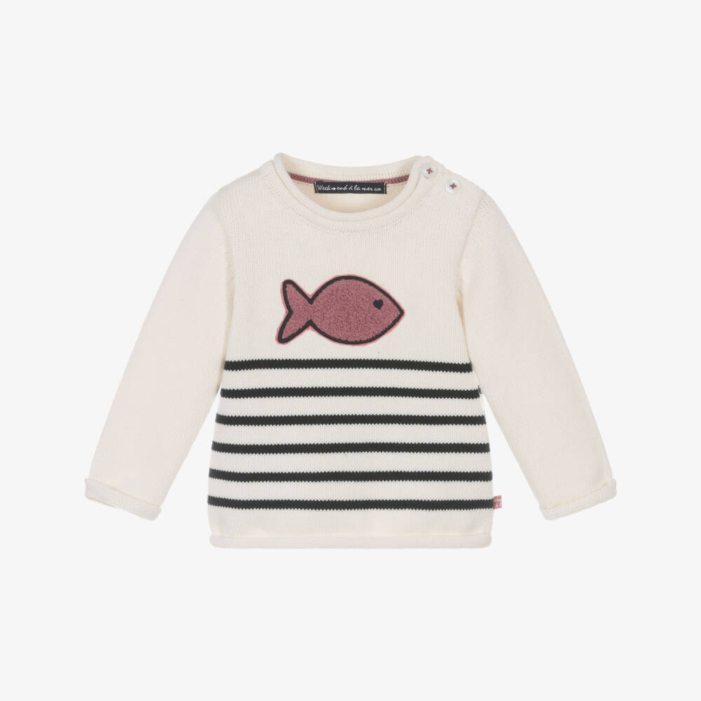 Week-end à la mer-Girls Ivory & Blue Breton Stripe Cotton Jumper | Childrensalon