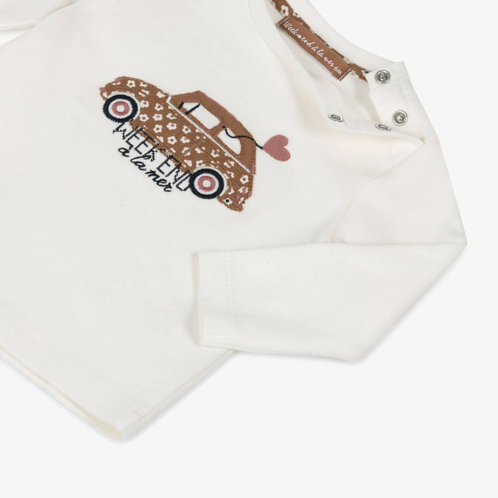 Week-end à la mer-Girls Ivory Car Motif Cotton Jersey Top | Childrensalon