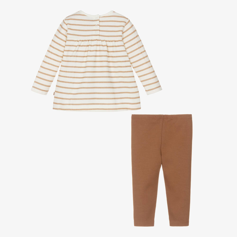 Week-end à la mer-Girls Ivory Striped Top & Brown Cotton Leggings Set | Childrensalon