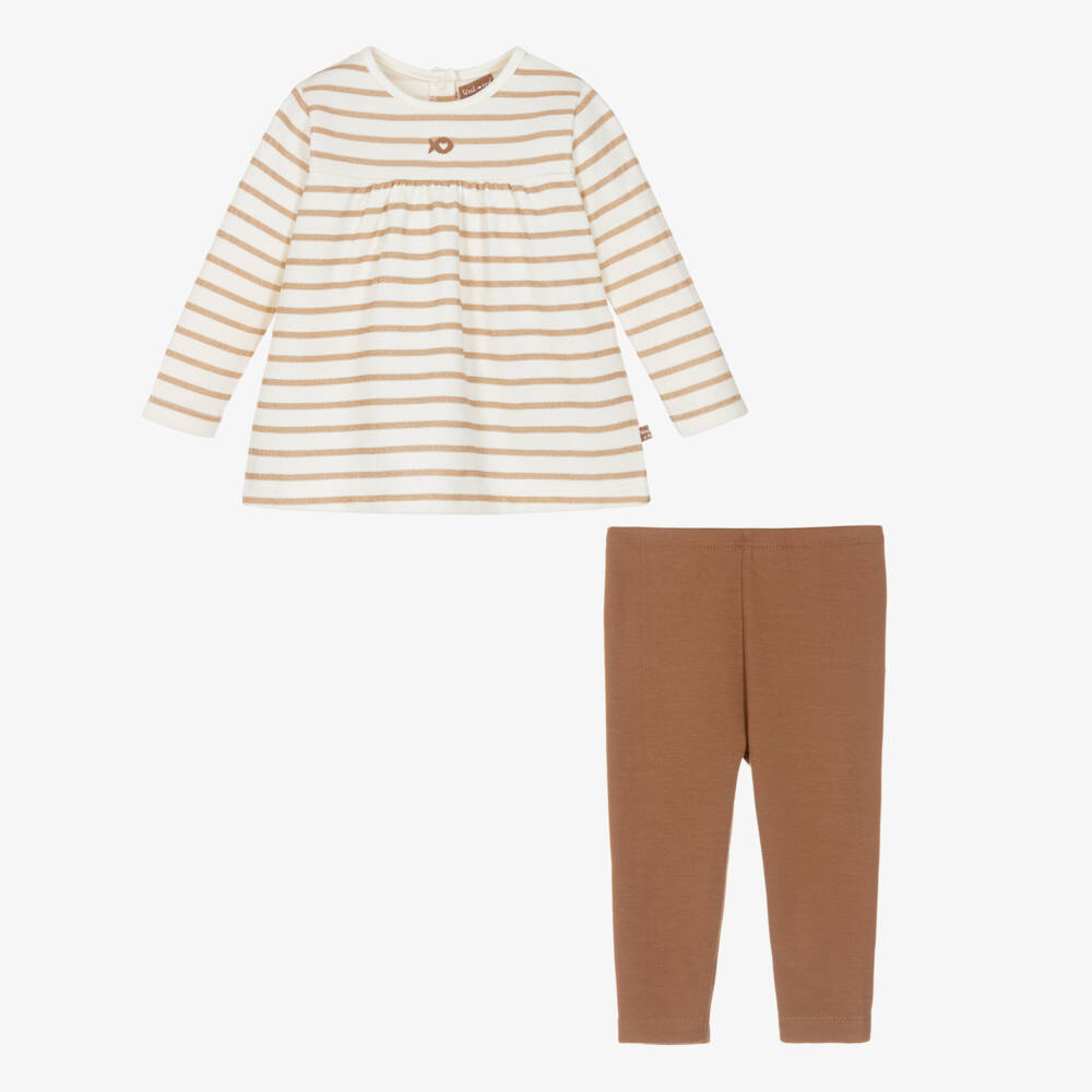 Week-end à la mer-Girls Ivory Striped Top & Brown Cotton Leggings Set | Childrensalon
