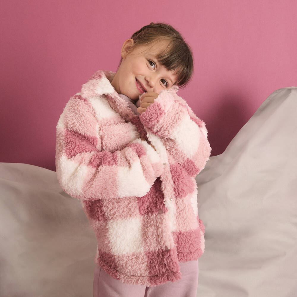 Week-end à la mer-Girls Pink Check Fleece Jacket | Childrensalon