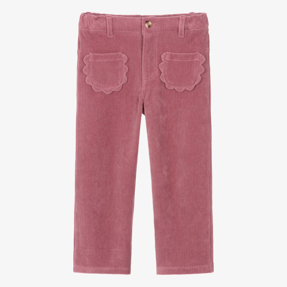 Week-end à la mer-Girls Pink Corduroy Trousers with Scalloped Patch Pockets | Childrensalon